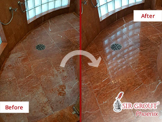 Marble Shower Before and After a Stone Cleaning Service in Gilbert