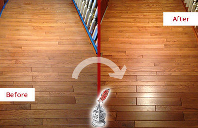 Sir Grout Refinished This Dull Scottsdale Hallway Floor with a Sand Free Refinishing Service Before and After Picture of a Scottsdale Wood Sand Free Refinishing Service on a Dull Hallway