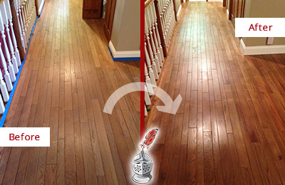 Sir Grout Refinished This Worn Out Scottsdale Wood Floor with a Sand Free Refinishing Service Before and After Picture of a Scottsdale Wood Sand Free Refinishing Service on a Worn Out Floor