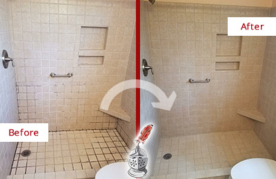 Sir Grout Sealed this Shower Grout to Repair and Avoid Water Leakages Before and After Picture of a Shower Grout Sealing on a Porcelain Tile Shower