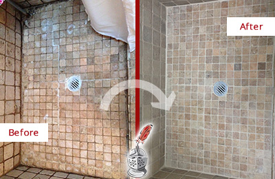 Sir Grout Removed Dirt from this Shower with a Shower Grout Cleaning and Sealing and Fixed Missing Grout Before and After Picture of Shower Grout Cleaning and Sealing