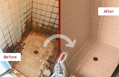 Sir Grout Restored this Shower Grout to Prevent Water Damage Before and After Picture of a Shower Grout Restoration Service