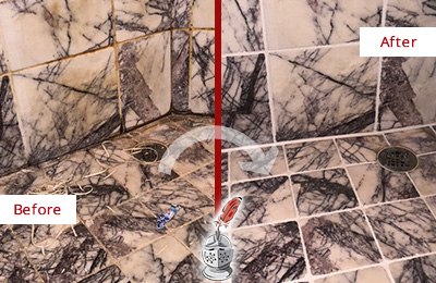 Sir Grout Stripped and Replaced this Shower Grout to Remove Embedded Dirt Before and After Picture of a Shower Grout Replacement
