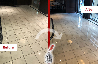 Sir Grout Phoenix Stone Services Help Maintain, Clean, and Polish Building Lobbies and Commercial Offices Stone Surfaces Picture of a Building Marble Entrance Floor Before and After Stone Restoration, Cleaning and Polishing