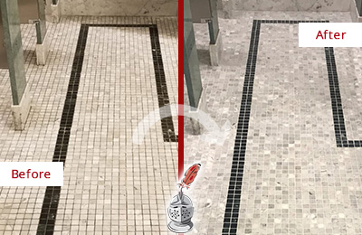Sir Grout Phoenix Stone Cleaning Services Can Help Repair the Look of this Grimy Hospital's Restroom Before and After Picture of a Hospital Travertine Bathroom Floor Stone Cleaning Service