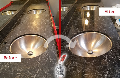 Sir Grout Phoenix Stone Services Are Ideal for Enhancing Restrooms Marble Countertops and Keep Them Perfect All Year Round Picture of an Office Restroom's Marble Countertop Before and After Color Enhancement and Restoration