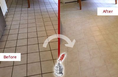 Before and After Picture of a Dirty Kitchen Tile Floor Cleaned and Sealed for Extra Protection