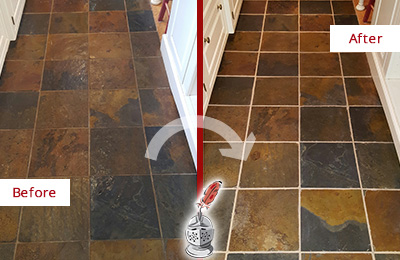 Before and After Picture of Slate Floor Cleaned and Sealed to Remove Embedded Dirt