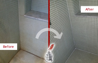 Before and After Picture of Mosaic Tile Bathroom Grout Recolored and Sealed to Recover Its Color