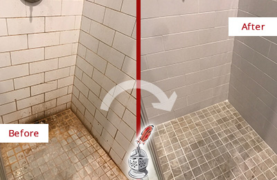 Before and After Picture of a Paradise Valley Shower Tile and Grout Cleaned to Eliminate Mold and Stains