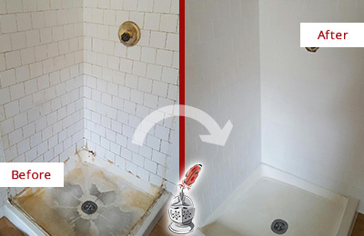 Sir Grout Cleans this Mesa Shower Tile and Grout to Remove Soap Scum Before and After Picture of a Mesa Shower Tile and Grout Cleaned to Remove Soap Scum