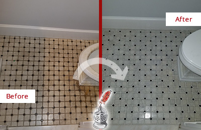 Sir Grout Cleans this Mesa Bathroom Tile and Grout Cleaned to Remove Stains Before and After Picture of a Mesa Bathroom Tile and Grout Cleaned to Remove Stains