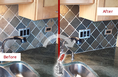 Sir Grout Caulks this Mesa Backsplash Caulked to Fix and Prevent Water Leaks Before and After Picture of a Mesa Backsplash Caulked to Fix and Prevent Water Leaks