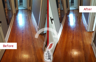 Before and After Picture of a Mesa Wood Sandless Refinishing Service on a Floor to Eliminate Scratches