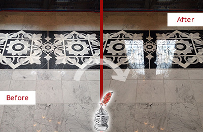 Sir Grout Polishes this Scottsdale Marble Stone Floor to a Mirror Shine Before and After Picture of a Scottsdale Marble Stone Floor Polished to a Mirror Shine