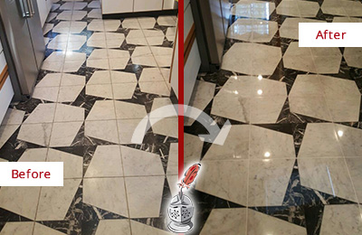Sir Grout Polishes this Dull Scottsdale Marble Stone Floor To Recover Its Luster Before and After Picture of a Dull Scottsdale Marble Stone Floor Polished To Recover Its Luster