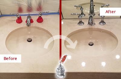 Sir Grout Polishes this Dull Scottsdale Marble Stone Vanity Top to Bring-Back Its Sheen Before and After Picture of a Dull Scottsdale Marble Stone Vanity Top Polished to Bring-Back Its Sheen
