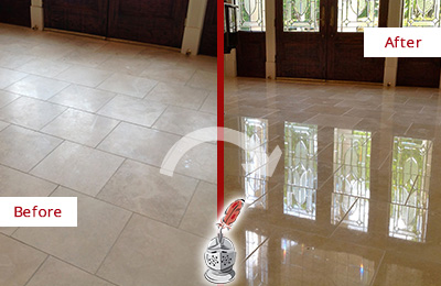 Sir Grout Polishes this Dull Scottsdale Travertine Stone Floor to Recover Its Gloss Before and After Picture of a Dull Scottsdale Travertine Stone Floor Polished to Recover Its Gloss