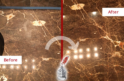 Before and After Picture of a Phoenix Marble Stone Countertop Polished to Eliminate Stains