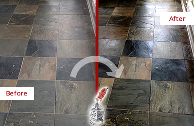 Sir Grout Seals this Dull Mesa Slate Floor to Bring Back Its Colors Before and After Picture of a Dull Mesa Slate Floor Sealed to Bring Back Its Colors