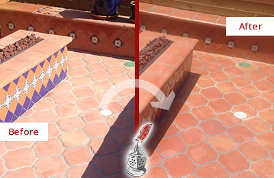 Sir Grout Seals this Dull Mesa Terracotta Patio Floor For UV Protection Before and After Picture of a Dull Mesa Terracotta Patio Floor Sealed For UV Protection