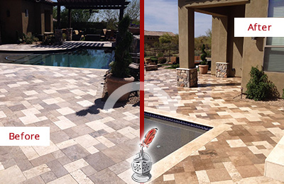 Sir Grout Seals this Faded Mesa Travertine Pool Deck For Extra Protection Before and After Picture of a Faded Mesa Travertine Pool Deck Sealed For Extra Protection