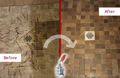 Before and After Picture of a Stained Mesa Marble Shower Floor Cleaned to Remove Etching