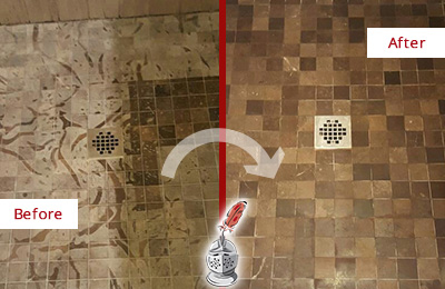 Sir Grout Cleans this Stained Gilbert Shower Marble Floor to Remove Etch Marks Before and After Picture of a Stained Gilbert Marble Shower Floor Cleaned to Remove Etching