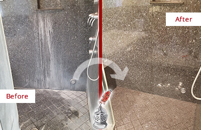 Sir Grout Cleans this Gilbert Granite Shower to Remove Mineral Deposits Before and After Picture of a Gilbert Granite Shower Cleaned to Remove Mineral Deposits