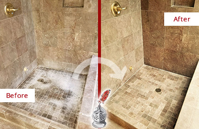 Sir Grout Cleans this Gilbert Travertine Shower to Eliminate Water Spots Before and After Picture of a Gilbert Travertine Shower Cleaned to Eliminate Water Spots