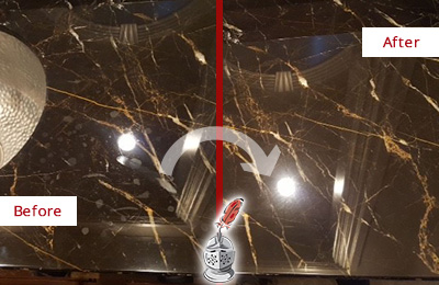 Sir Grout Cleans this Gilbert Marble Countertop to Remove Water Spots Before and After Picture of a Gilbert Marble Countertop Cleaned to Remove Water Spots
