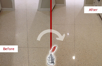 Sir Grout Hones this Dull Mesa Granite Floor to Recover Its Sheen Before and After Picture of a Dull Mesa Granite Floor Honed to Recover Its Sheen
