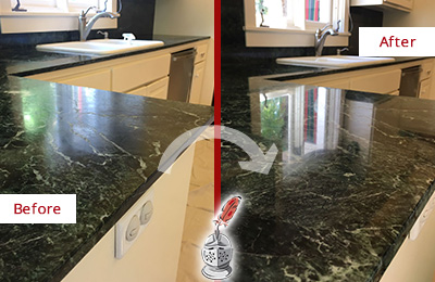 Sir Grout Hones this Mesa Marble Kitchen Countertop to Remove Water Marks Before and After Picture of a Mesa Marble Kitchen Countertop Honed to Remove Water Marks