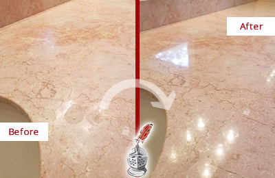 Sir Grout Hones this Mesa Marble Vanity Top to Eliminate Water Spots Before and After Picture of a Mesa Marble Vanity Top Honed to Eliminate Water Spots