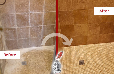 Before and After Picture of a Scottsdale Travertine Shower Honed to Remove Mineral Deposits