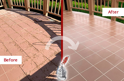 Before and After Picture of a Tempe Hard Surface Restoration Service on a Tiled Deck