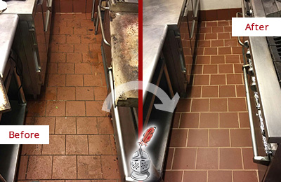 Before and After Picture of a Tempe Hard Surface Restoration Service on a Restaurant Kitchen Floor to Eliminate Soil and Grease Build-Up