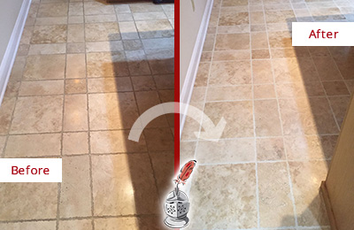 Sir Grout Cleans this Mesa Kitchen Floor's Grout to Recover Its Color Before and After Picture of Mesa Kitchen Floor Grout Cleaned to Recover Its Color