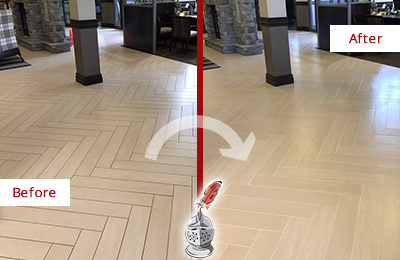 Sir Grout Cleans the Grout on this Mesa Lobby Floor Before and After Picture of a Mesa Lobby Floor Cleaned to Even the Grout Color