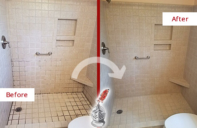 Before and After Picture of a Tempe Shower Grout Cleaned to Remove Mold
