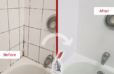 Sir Grout Cleans the Grout on this Moldy Mesa Tub Before and After Picture of a Mesa Tub Grout Cleaned to Eliminate Mold