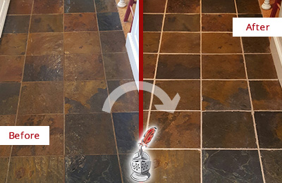 Sir Grout Cleans the Grout on this Mesa Slate Floor Before and After Picture of Mesa Slate Floor Grout Cleaned to Remove Dirt