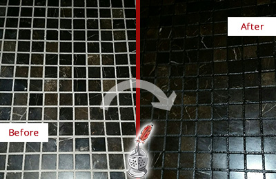Sir Grout Recolored the Grout of this Cave Creek Black Tile Floor Before and After Picture of a Cave Creek Black Floor with Recolored Grout