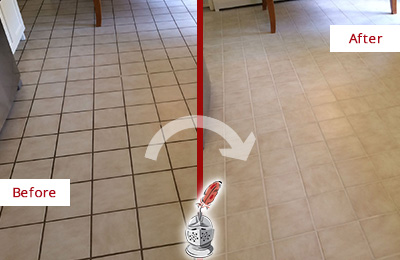 Sir Grout Recolors this Cave Creek Kitchen Tile Floor's Grout Before and After Picture of a Cave Creek Kitchen Tile Floor with Recolored Grout