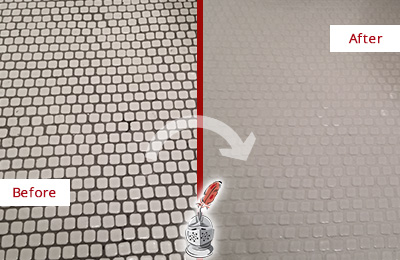 Sir Grout Recolors the Grout of this Cave Creek White Mosaic Tile Before and After Picture of a Cave Creek White Mosaic Tile Recolored Grout