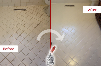 Before and After Picture of a Mesa White Bathroom Floor Grout Sealed for Extra Protection