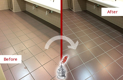 Sir Grout Seals the Grout on this Paradise Valley Office Restroom to Refresh Its Look Before and After Picture of Dirty Paradise Valley Office Restroom with Sealed Grout