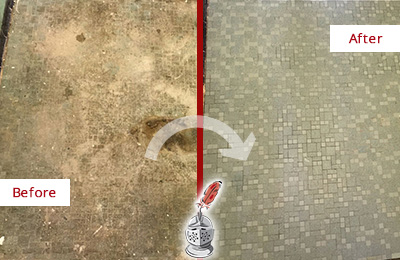 Sir Grout Cleans this Paradise Valley Mosaic Shower Cleaned to Eliminate Embedded Dirt Before and After Picture of a Paradise Valley Mosaic Shower Cleaned to Eliminate Embedded Dirt